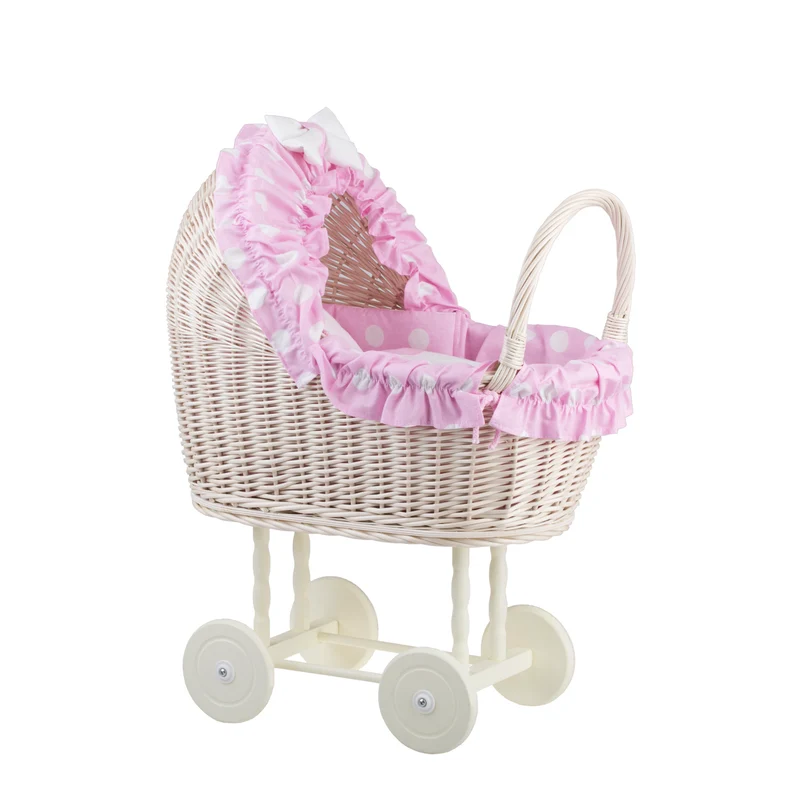 Lulu wicker doll stroller with pink trim, blanket, and pillow TheWickerStories