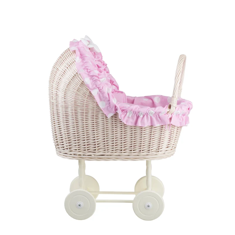 Lulu wicker doll stroller with pink trim, blanket, and pillow TheWickerStories