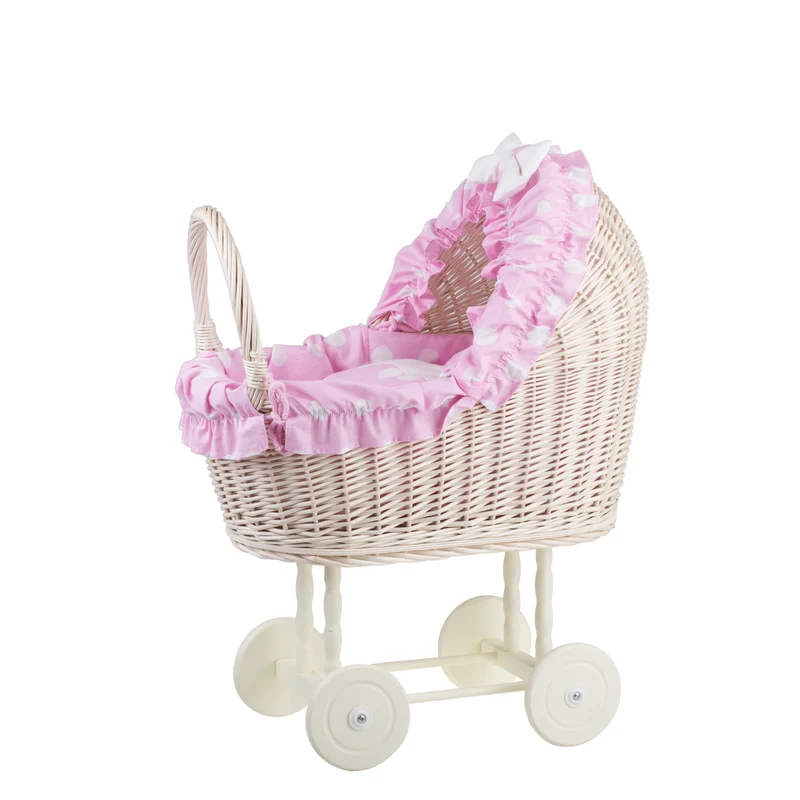 Lulu wicker doll stroller with pink trim, blanket, and pillow TheWickerStories