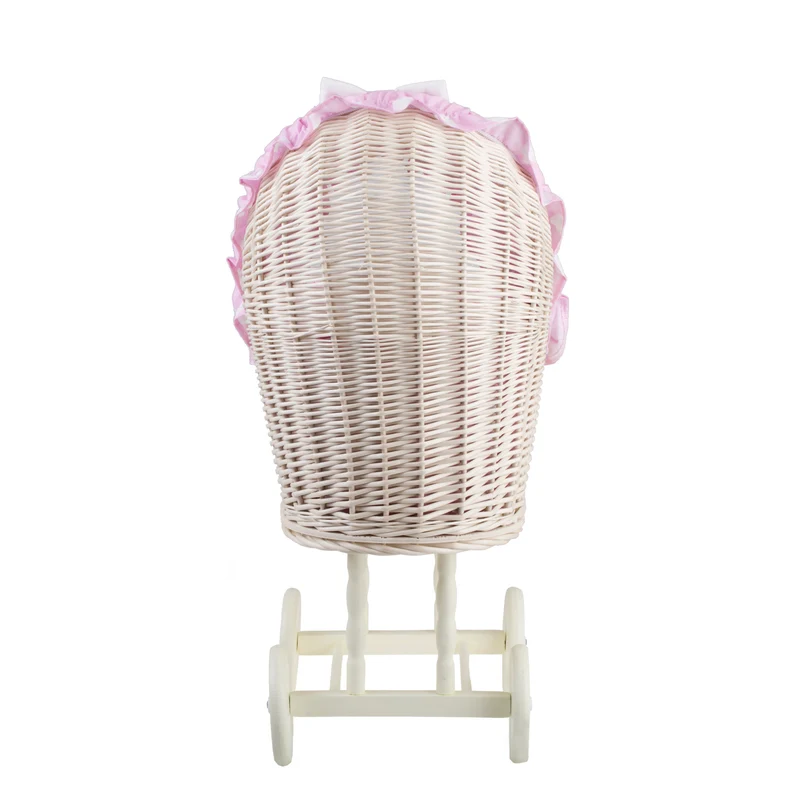 Lulu wicker doll stroller with pink trim, blanket, and pillow TheWickerStories