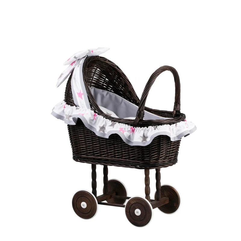 Lulu wicker doll stroller with gray trim, blanket, and pillow TheWickerStories