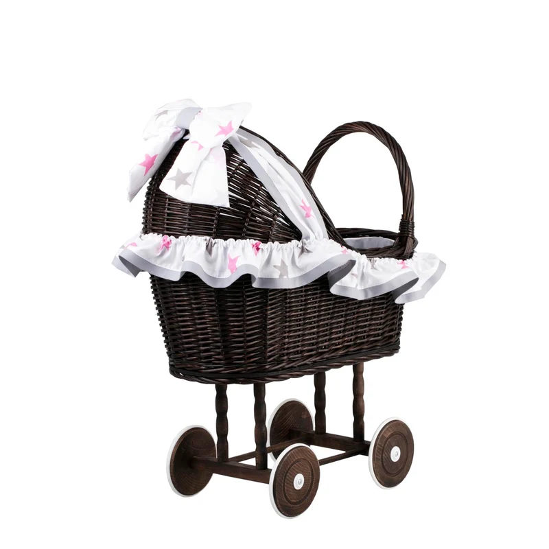 Lulu wicker doll stroller with gray trim, blanket, and pillow TheWickerStories