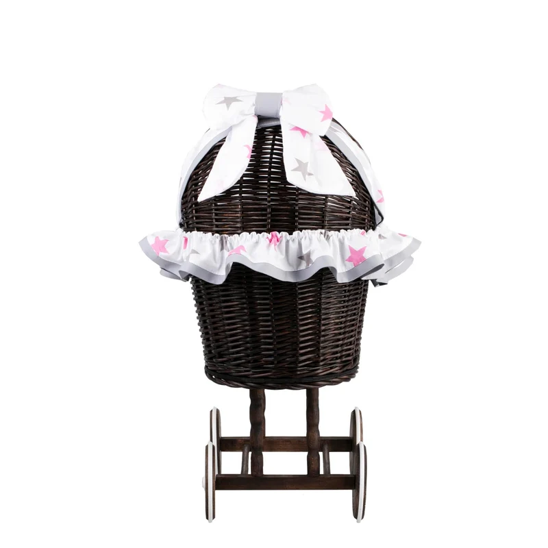 Lulu wicker doll stroller with gray trim, blanket, and pillow TheWickerStories