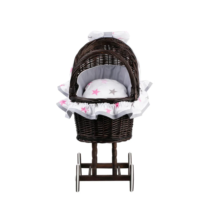 Lulu wicker doll stroller with gray trim, blanket, and pillow TheWickerStories