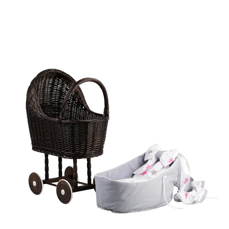 Lulu wicker doll stroller with gray trim, blanket, and pillow TheWickerStories