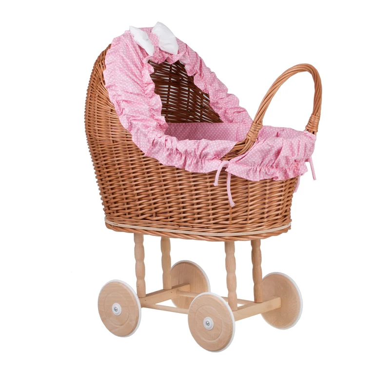 Lulu wicker doll stroller with pink trim, blanket, and pillow TheWickerStories