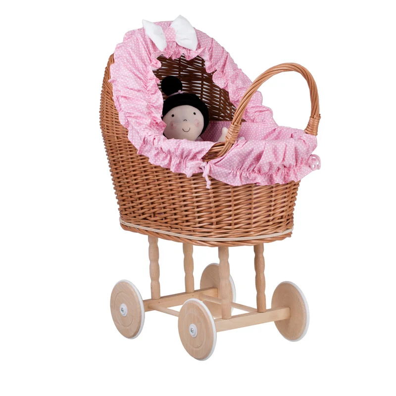 Lulu wicker doll stroller with pink trim, blanket, and pillow TheWickerStories