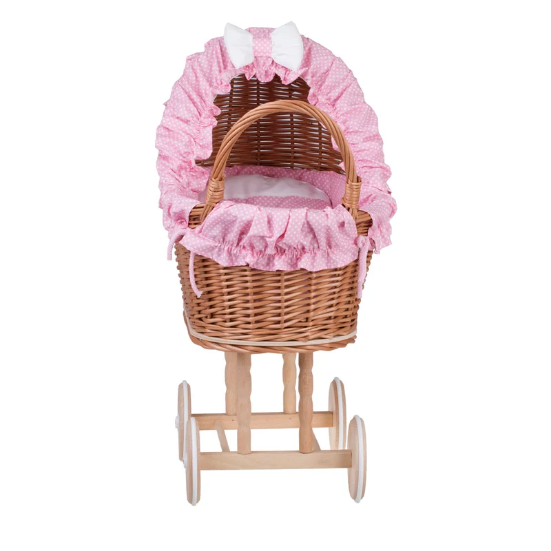 Lulu wicker doll stroller with pink trim, blanket, and pillow TheWickerStories