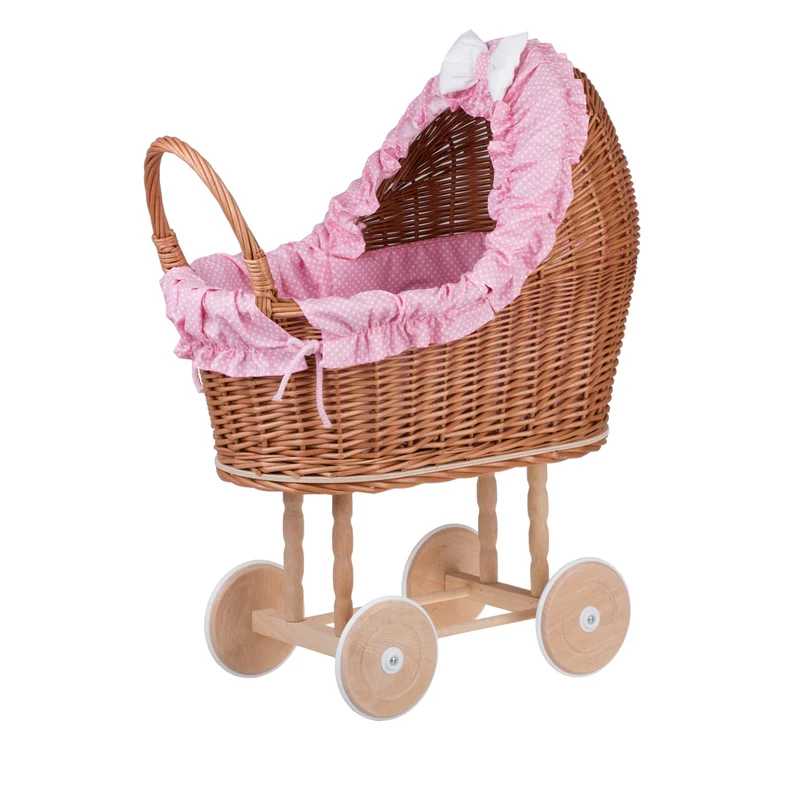 Lulu wicker doll stroller with pink trim, blanket, and pillow TheWickerStories