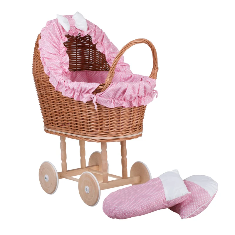 Lulu wicker doll stroller with pink trim, blanket, and pillow TheWickerStories