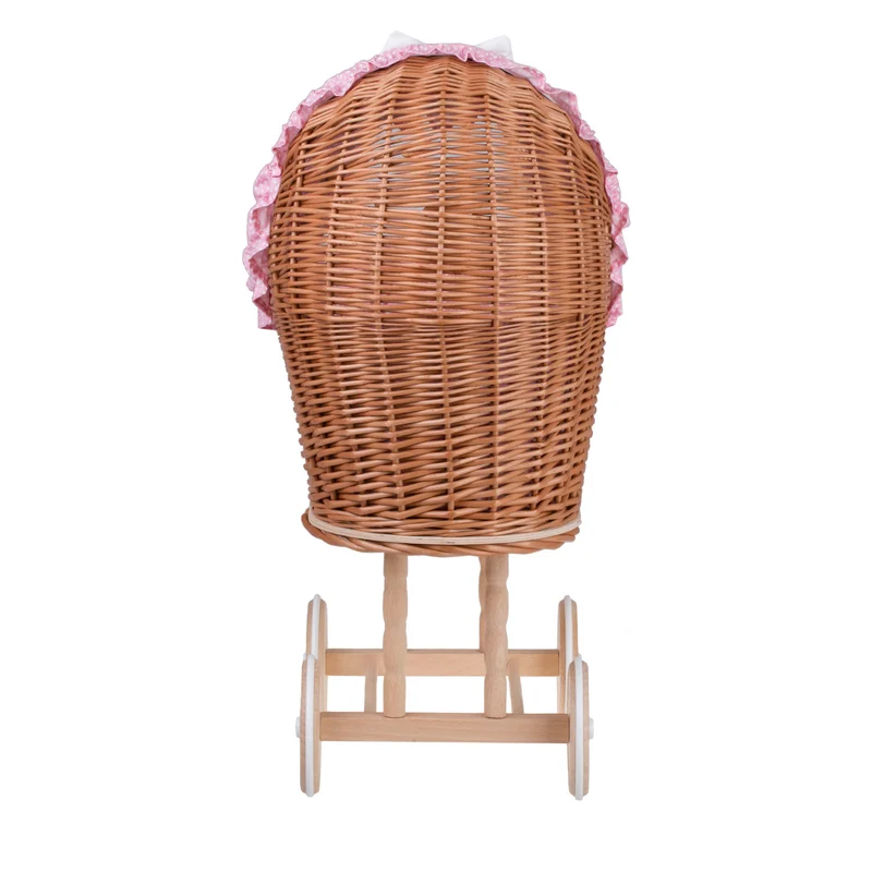 Lulu wicker doll stroller with pink trim, blanket, and pillow TheWickerStories