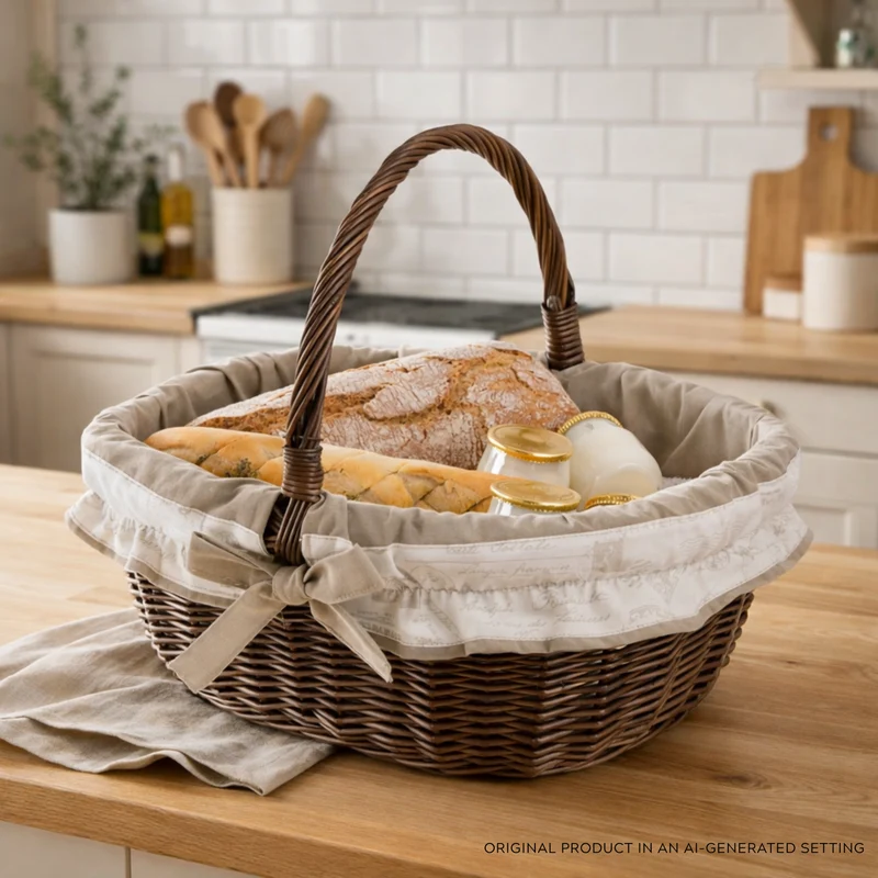Wilhelmina wicker shopping basket, mushroom and picnic basket, decorative gift basket with trim TheWickerStories
