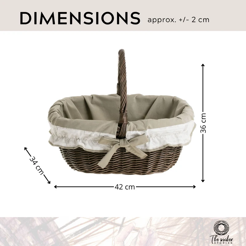 Wilhelmina wicker shopping basket, mushroom and picnic basket, decorative gift basket with trim TheWickerStories