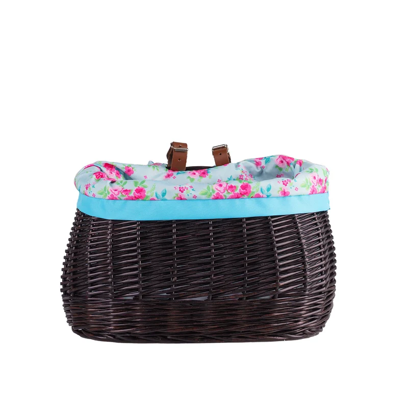 Marone wicker bike basket with blue lining and straps TheWickerStories