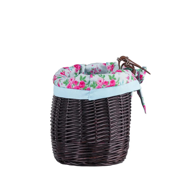 Marone wicker bike basket with blue lining and straps TheWickerStories