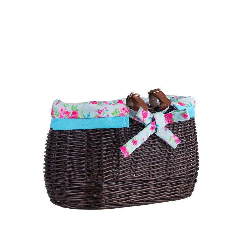 Marone wicker bike basket with blue lining and straps TheWickerStories