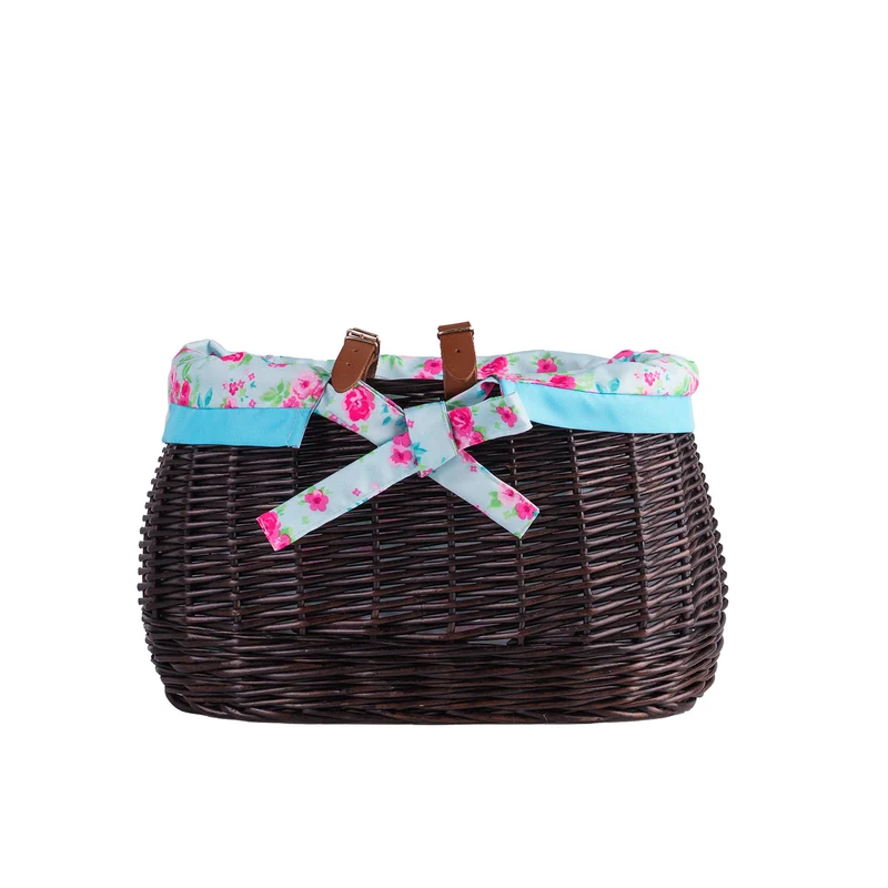Marone wicker bike basket with blue lining and straps TheWickerStories