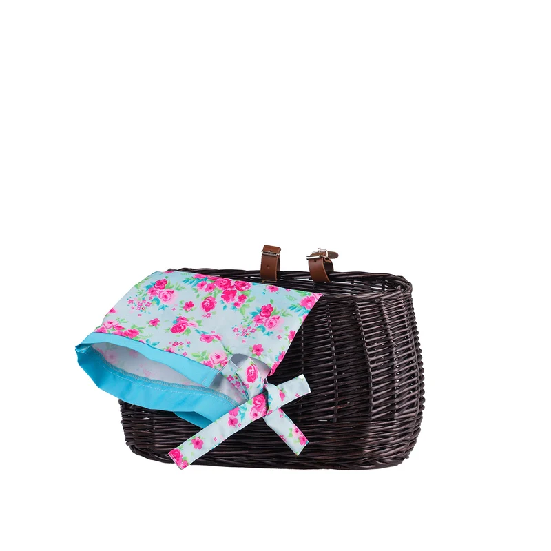 Marone wicker bike basket with blue lining and straps TheWickerStories