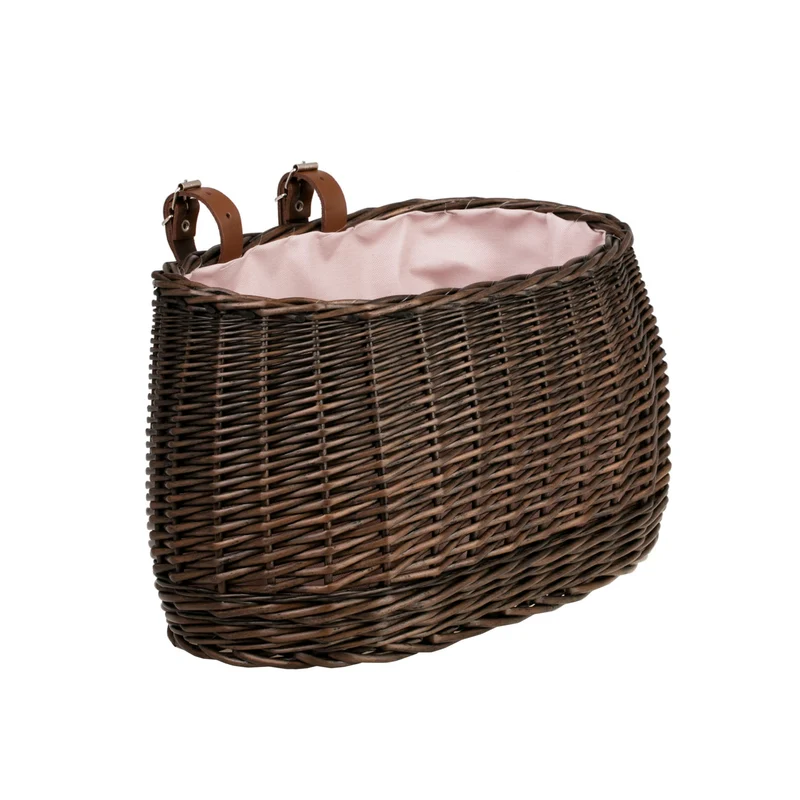 Marone wicker bike basket with pink lining and straps TheWickerStories