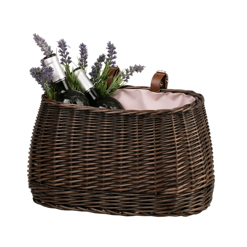 Marone wicker bike basket with pink lining and straps TheWickerStories