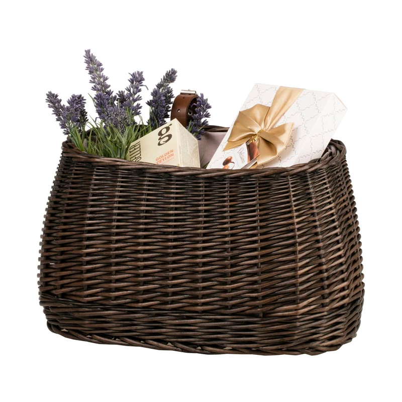 Marone wicker bike basket with pink lining and straps TheWickerStories