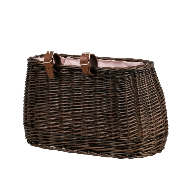 Marone wicker bike basket with pink lining and straps TheWickerStories