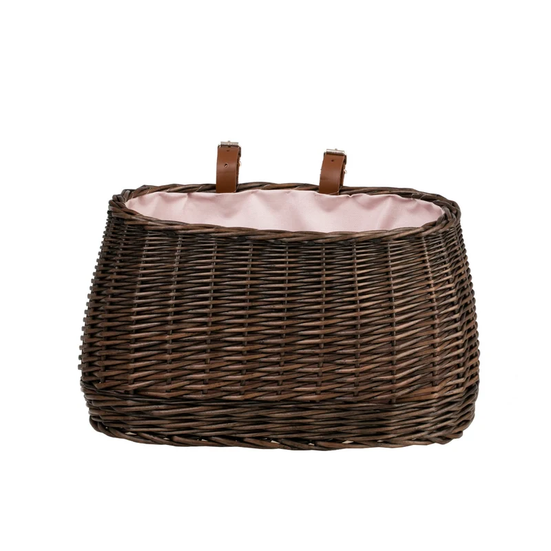 Marone wicker bike basket with pink lining and straps TheWickerStories