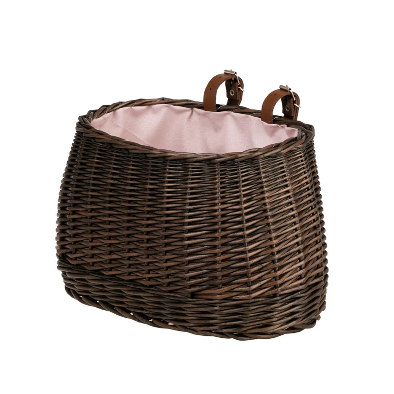 Marone wicker bike basket with pink lining and straps TheWickerStories