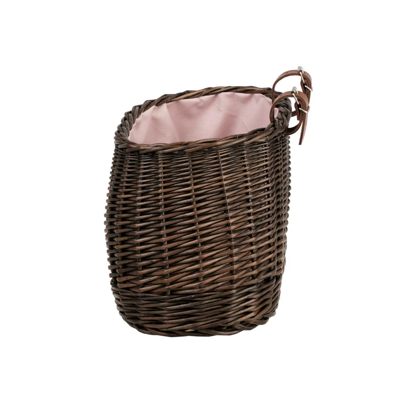 Marone wicker bike basket with pink lining and straps TheWickerStories