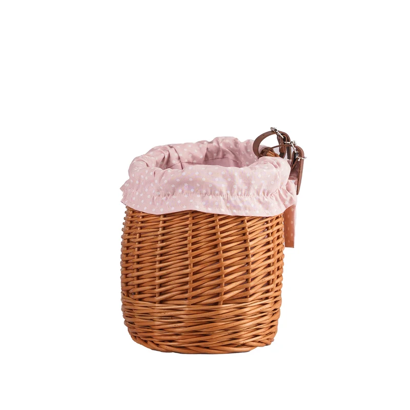 Marone wicker bike basket with pink lining and straps TheWickerStories