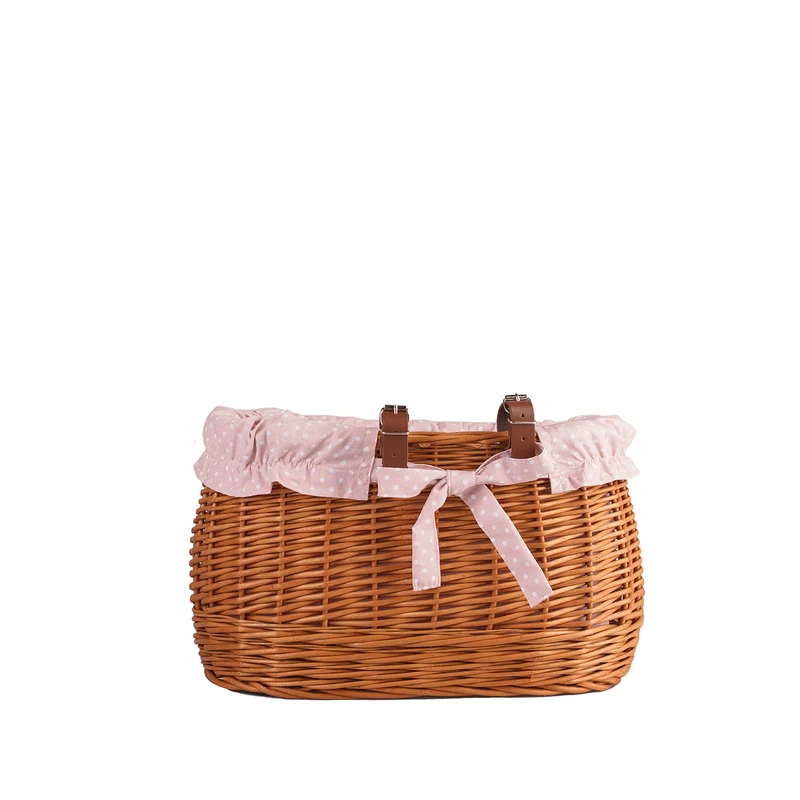Marone wicker bike basket with pink lining and straps TheWickerStories