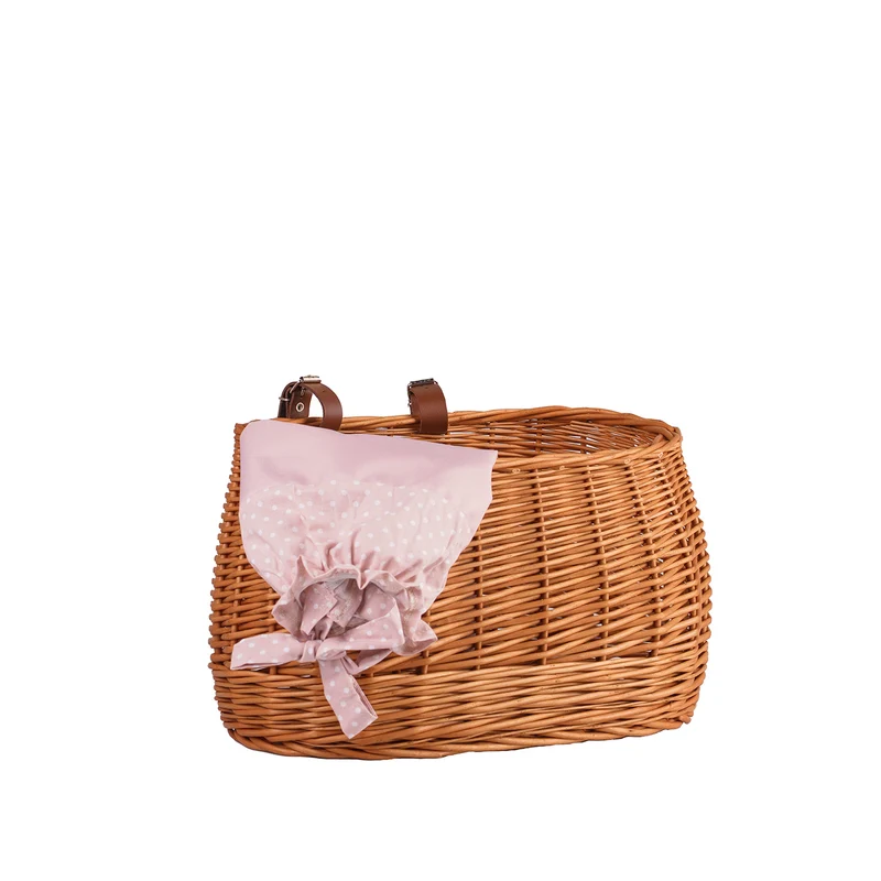 Marone wicker bike basket with pink lining and straps TheWickerStories