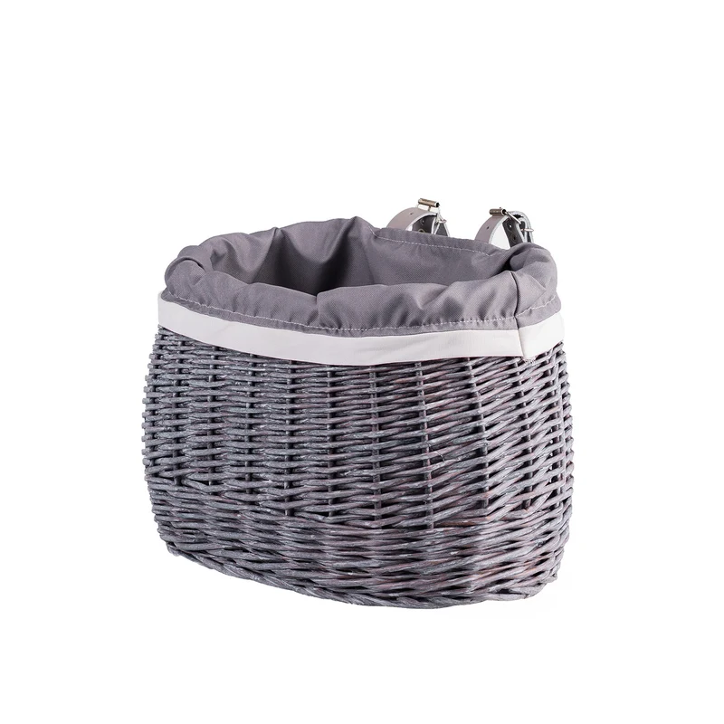 Marone wicker bike basket with grey lining and straps TheWickerStories