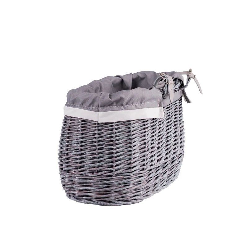 Marone wicker bike basket with grey lining and straps TheWickerStories