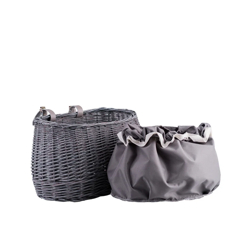 Marone wicker bike basket with grey lining and straps TheWickerStories