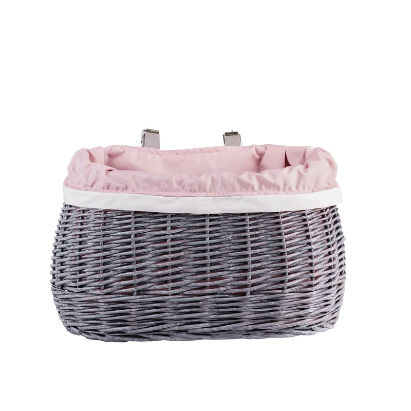 Marone wicker bike basket with pink lining and straps TheWickerStories