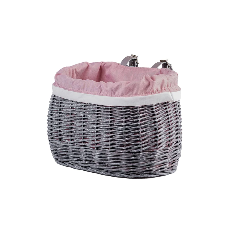 Marone wicker bike basket with pink lining and straps TheWickerStories
