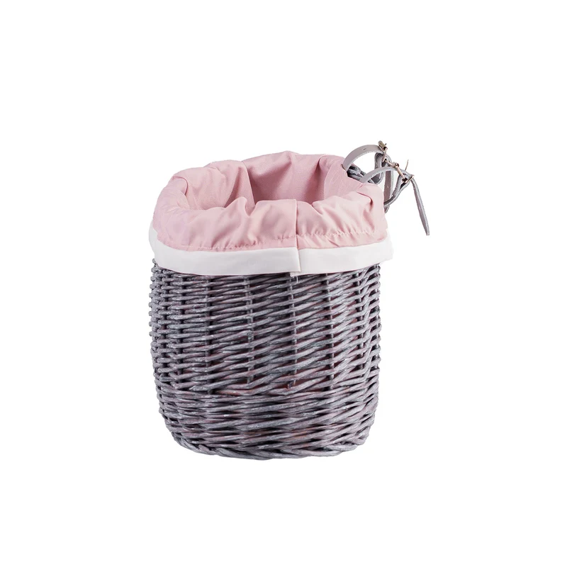 Marone wicker bike basket with pink lining and straps TheWickerStories