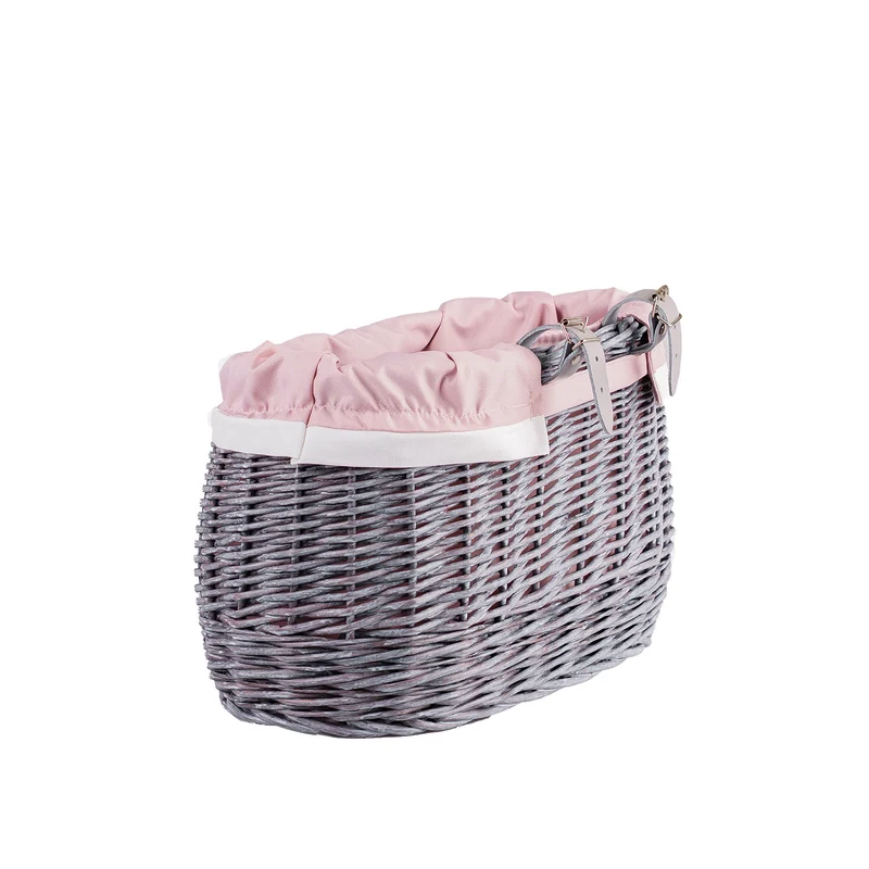 Marone wicker bike basket with pink lining and straps TheWickerStories
