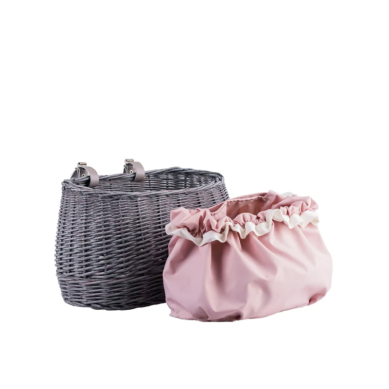 Marone wicker bike basket with pink lining and straps TheWickerStories