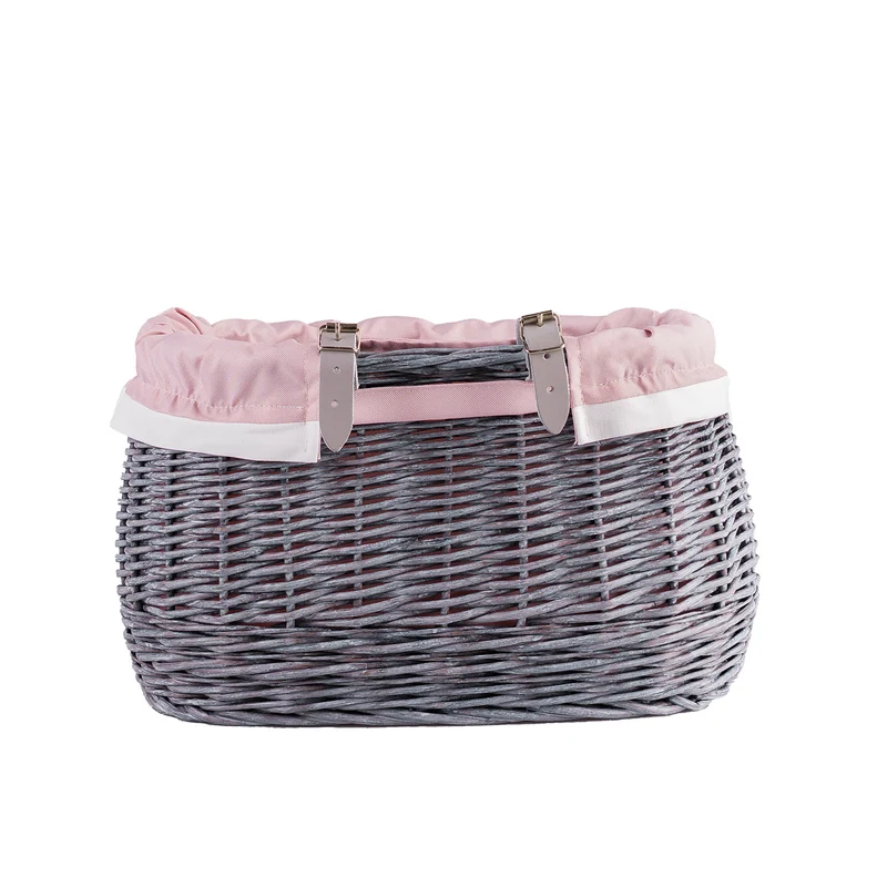 Marone wicker bike basket with pink lining and straps TheWickerStories