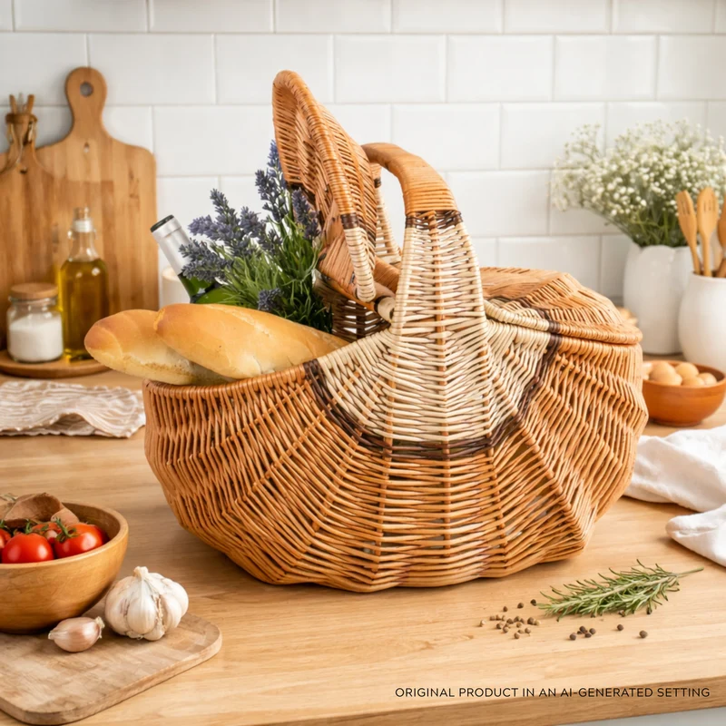 Kastelia wicker picnic basket, shopping basket with handle and lid TheWickerStories