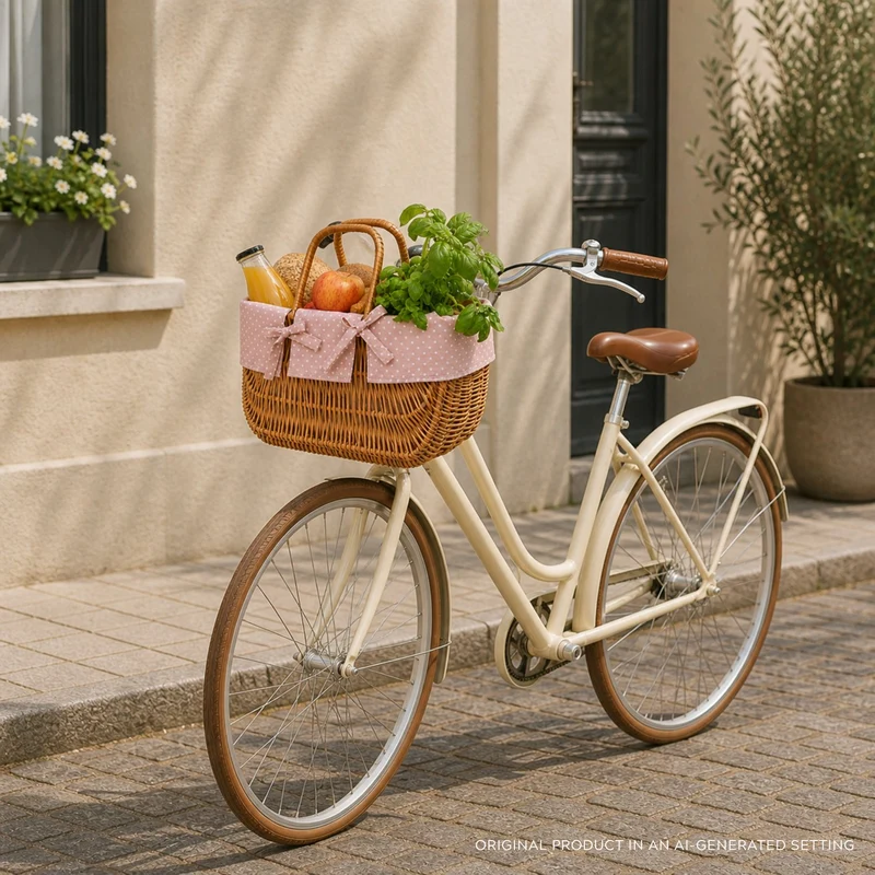 Werlissa wicker bicycle handlebar basket with pink trim and handles TheWickerStories