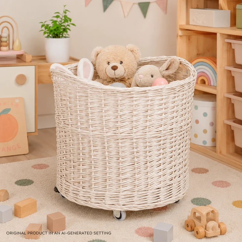 Caros large round mobile storage basket on wheels, wicker display basket TheWickerStories