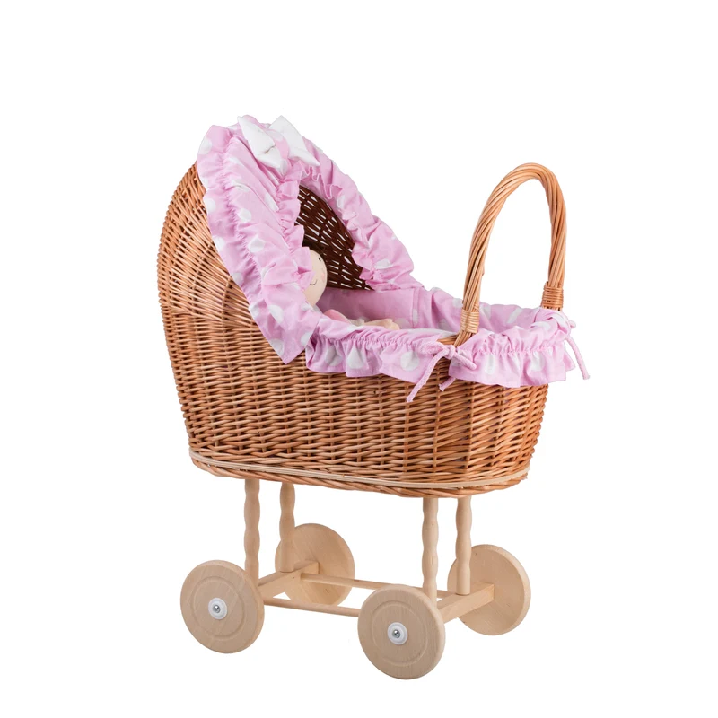 Lulu wicker doll stroller with pink trim, blanket, and pillow TheWickerStories