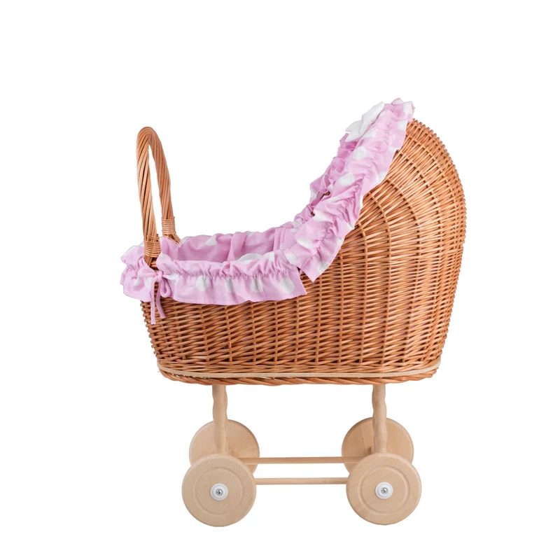 Lulu wicker doll stroller with pink trim, blanket, and pillow TheWickerStories