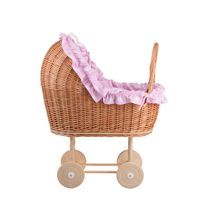 Lulu wicker doll stroller with pink trim, blanket, and pillow TheWickerStories