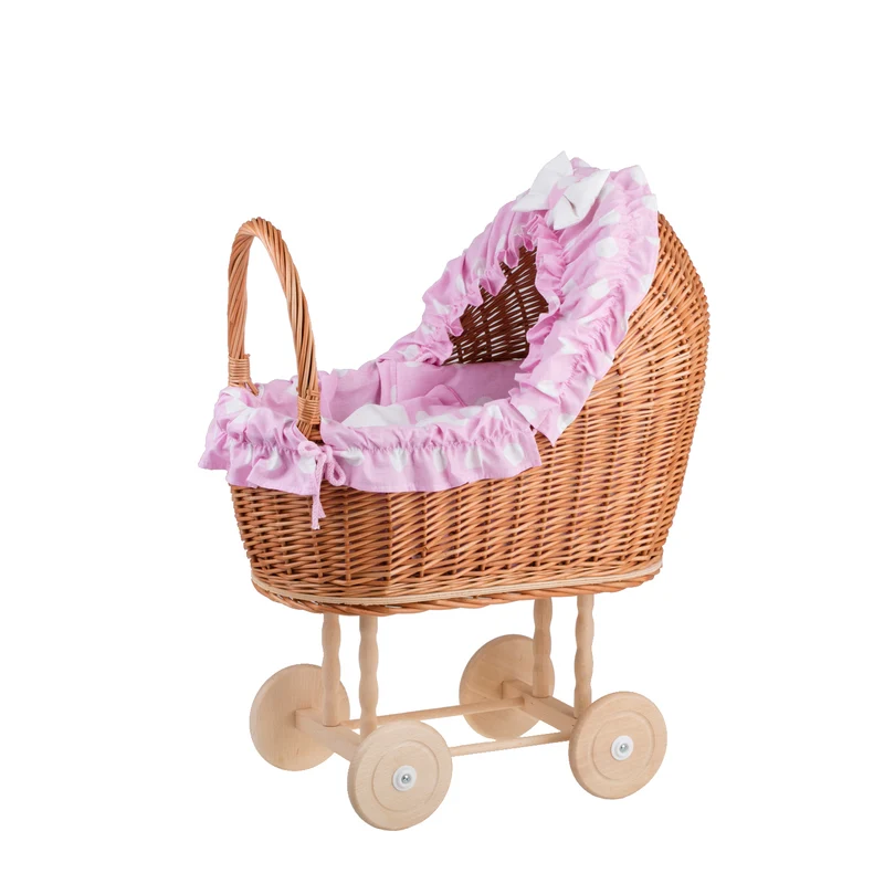 Lulu wicker doll stroller with pink trim, blanket, and pillow TheWickerStories