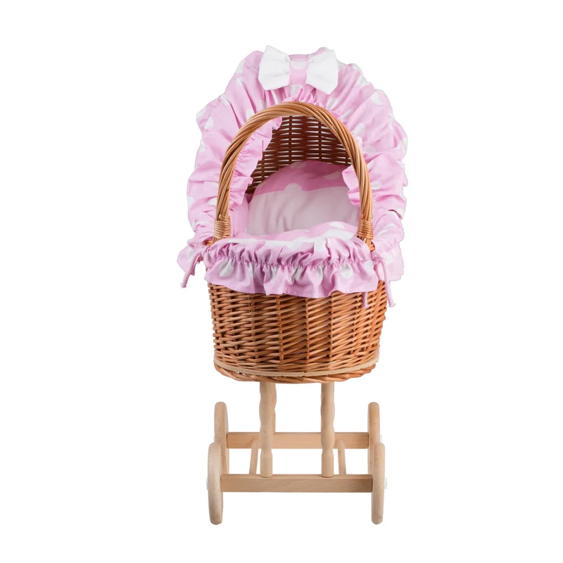 Lulu wicker doll stroller with pink trim, blanket, and pillow TheWickerStories