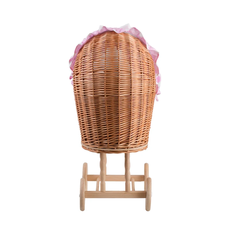 Lulu wicker doll stroller with pink trim, blanket, and pillow TheWickerStories